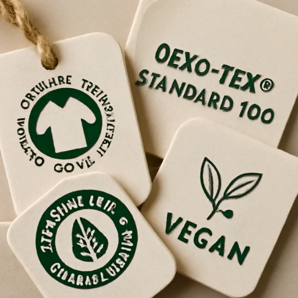 Various certification badges on garment tags