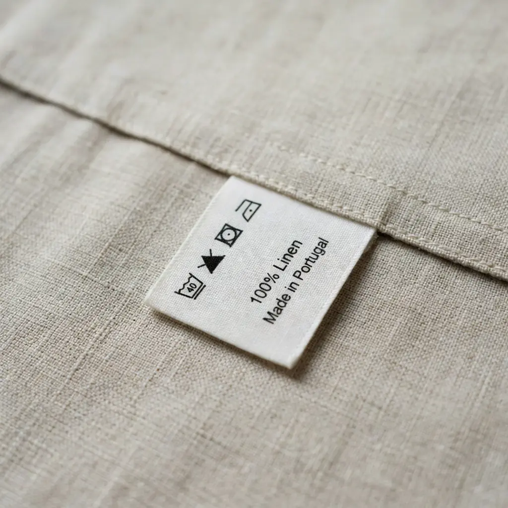 Clothing care label reading guide Detailed close-up of garment care label showing washing symbols, fiber content percentages, and country of manufacture information for safety assessment