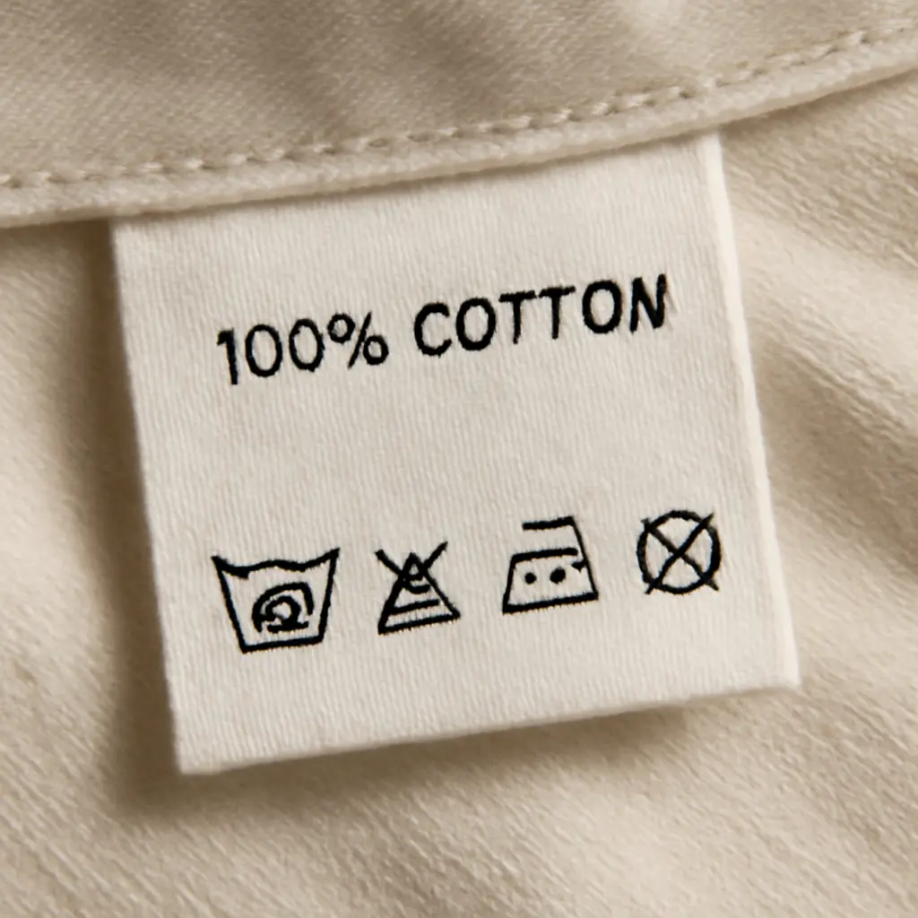 Close-up of multiple clothing care labels stitched into fabric