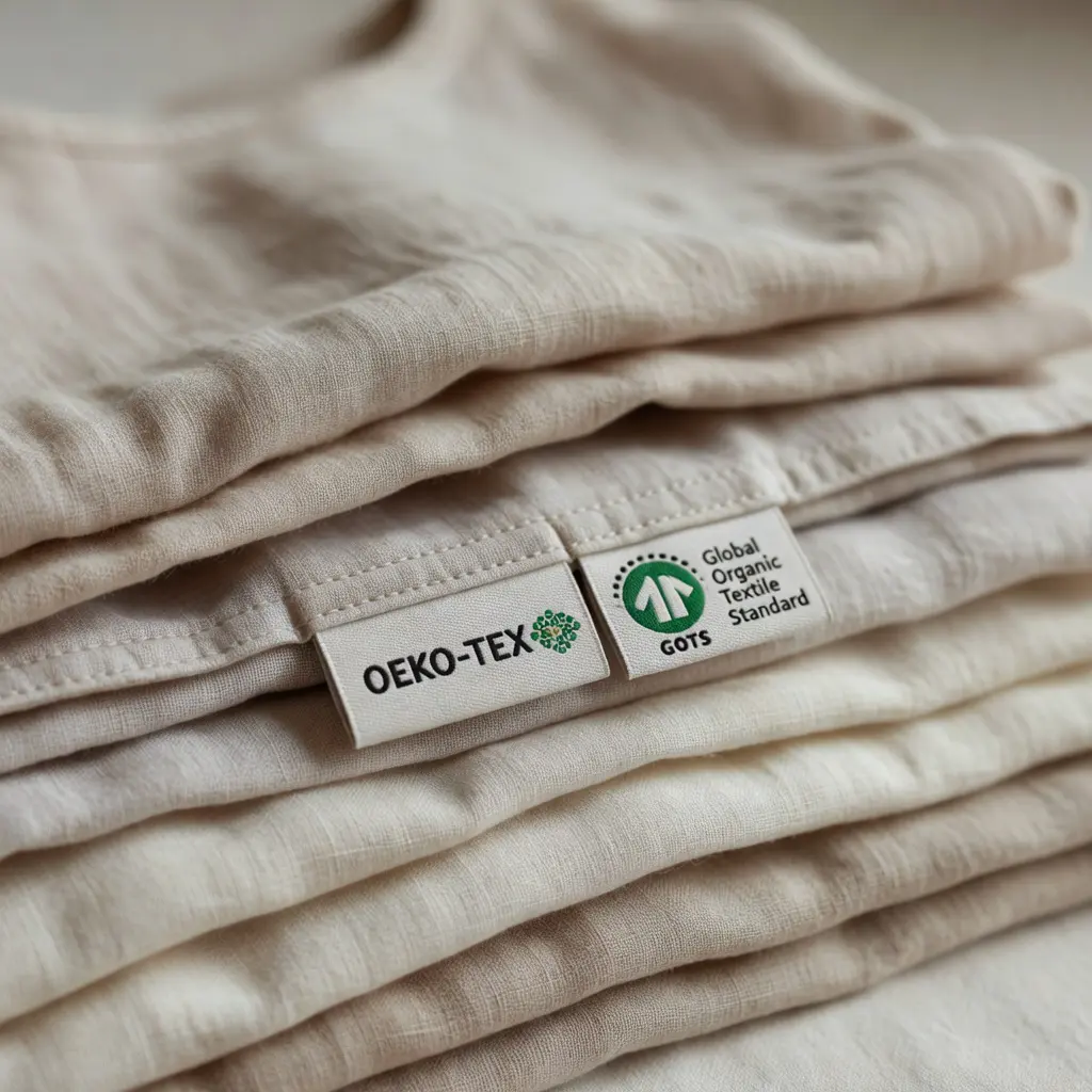 Close-up of OEKO-TEX and GOTS certification tags on folded natural fiber clothing, showing fabric safety information and care symbols