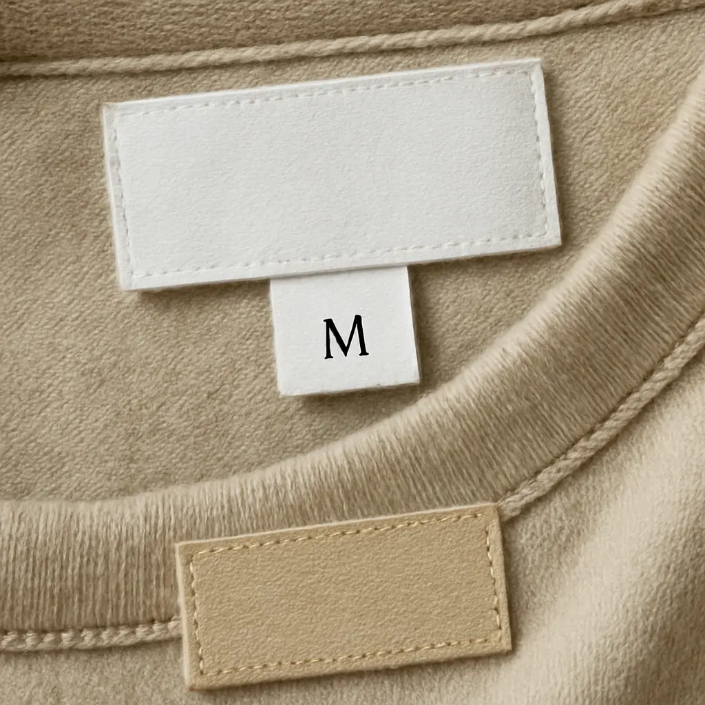 Close-up of multiple clothing labels showing material and care information