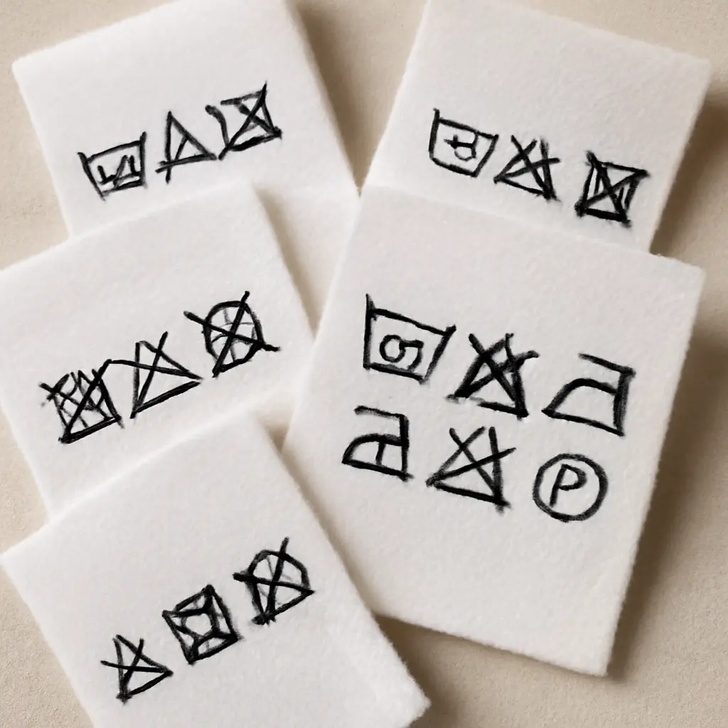 Close-up of multiple clothing care and safety labels