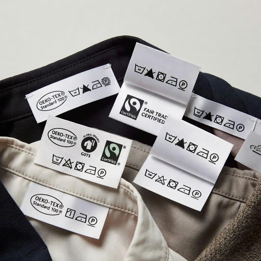 Clothing safety certifications and label overview Close-up of clothing labels showing safety certifications, fabric composition, and care symbols on various garments