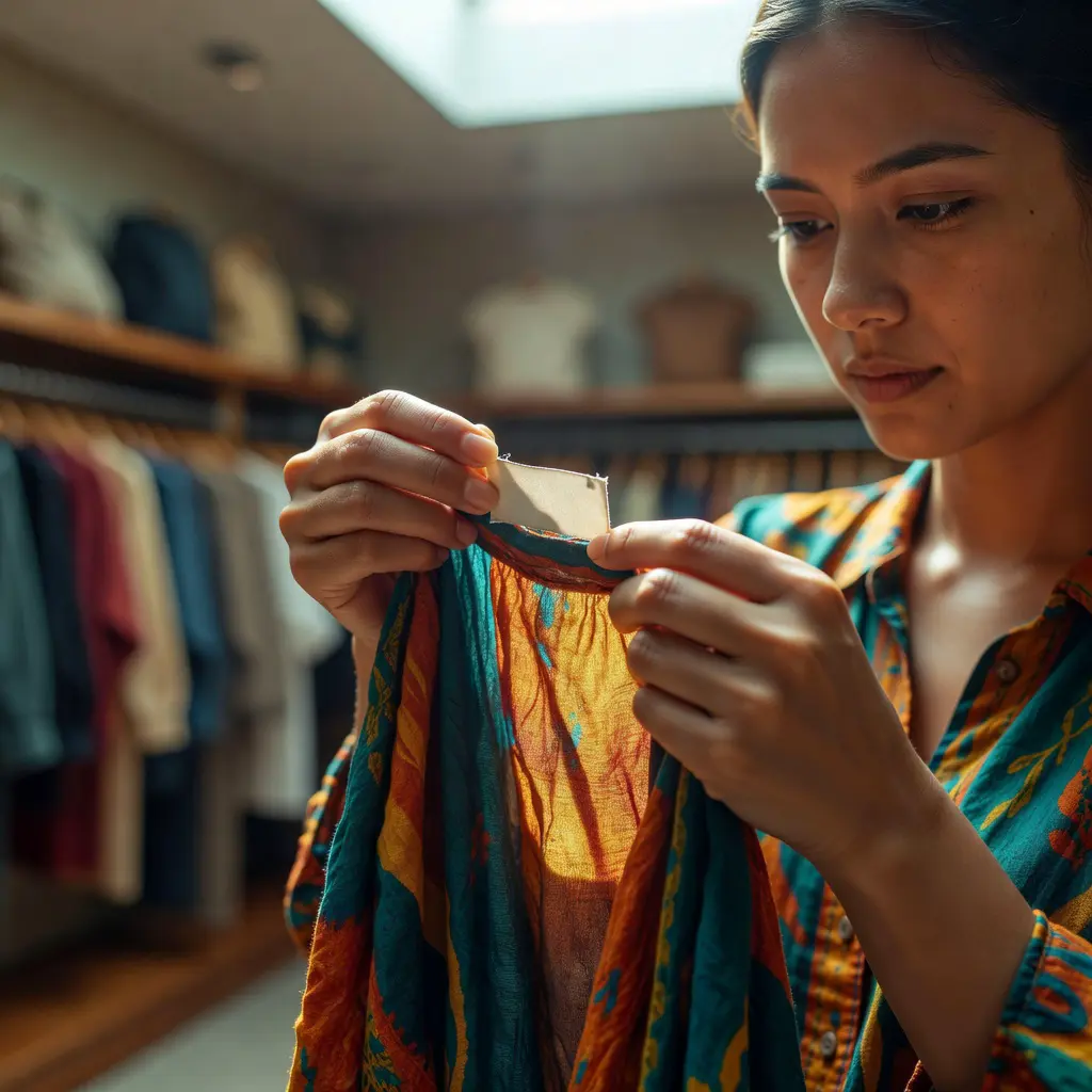 Consumer reading clothing care label in retail store Person inspecting a clothing care label showing fabric composition and washing instructions while shopping in a bright retail environment