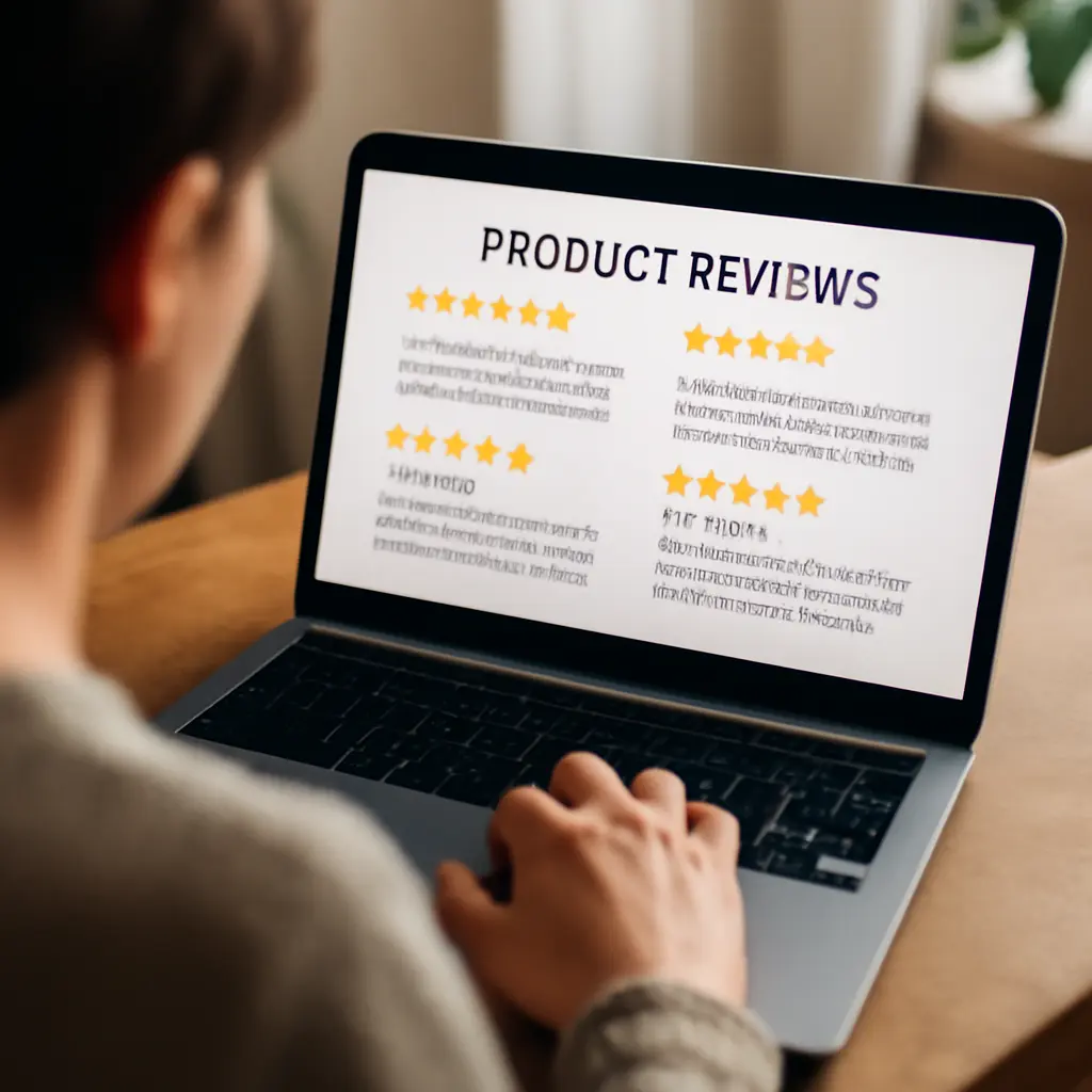 Person reading product reviews on a laptop screen