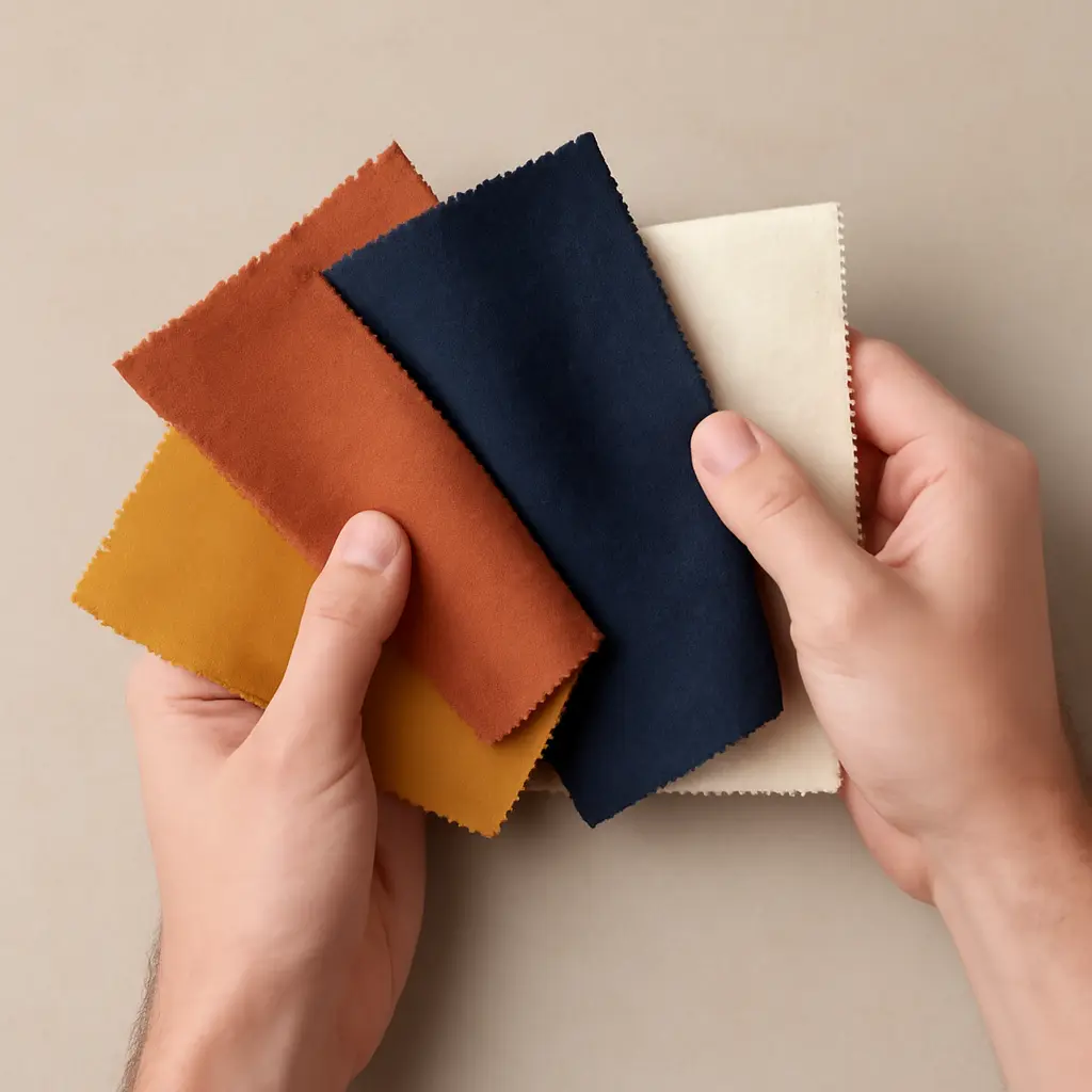 Hands comparing different fabric swatches: cotton, polyester, wool