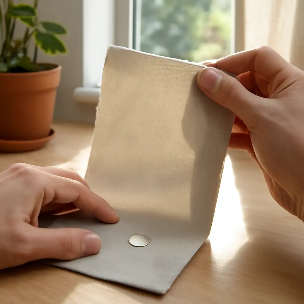 Hands performing a simple home fabric test with water and light