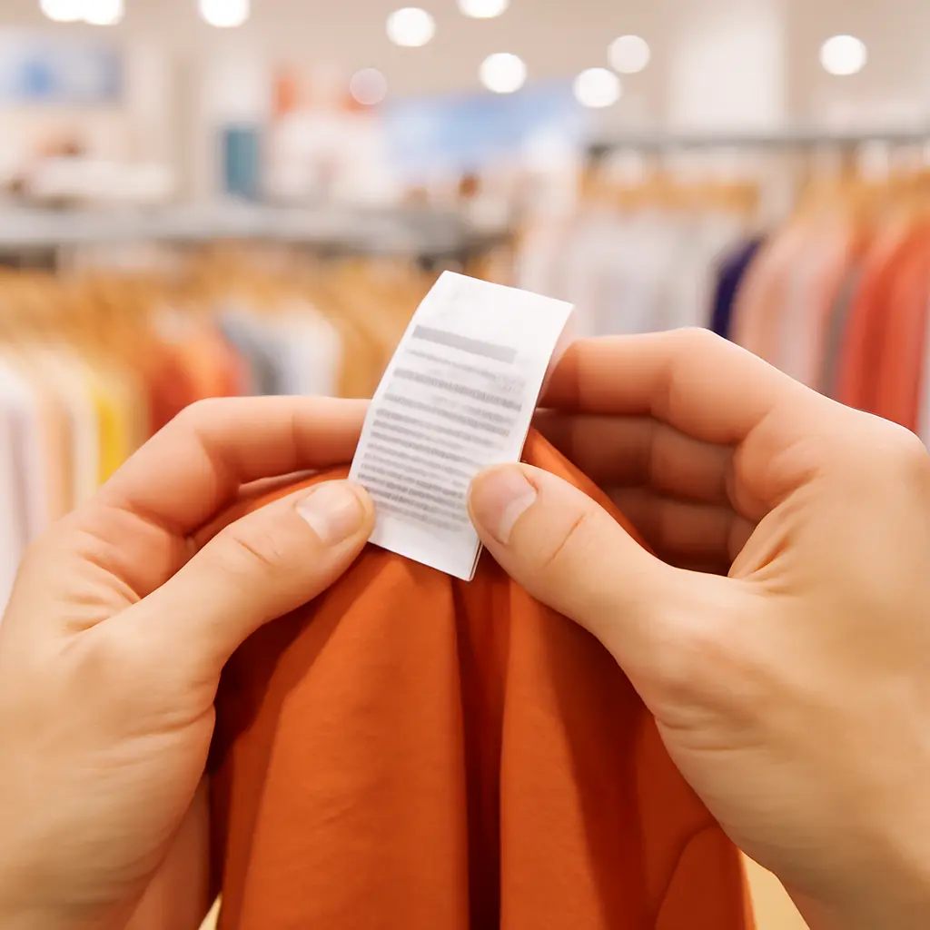 Person checking garment tags and fiber content in a retail store