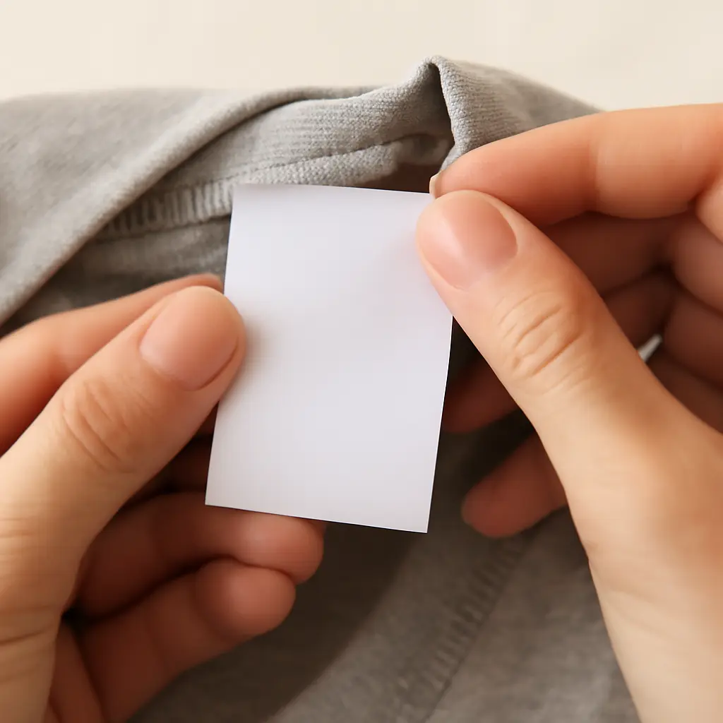 Inspect clothing labels Hands inspecting clothing label for safety and materials