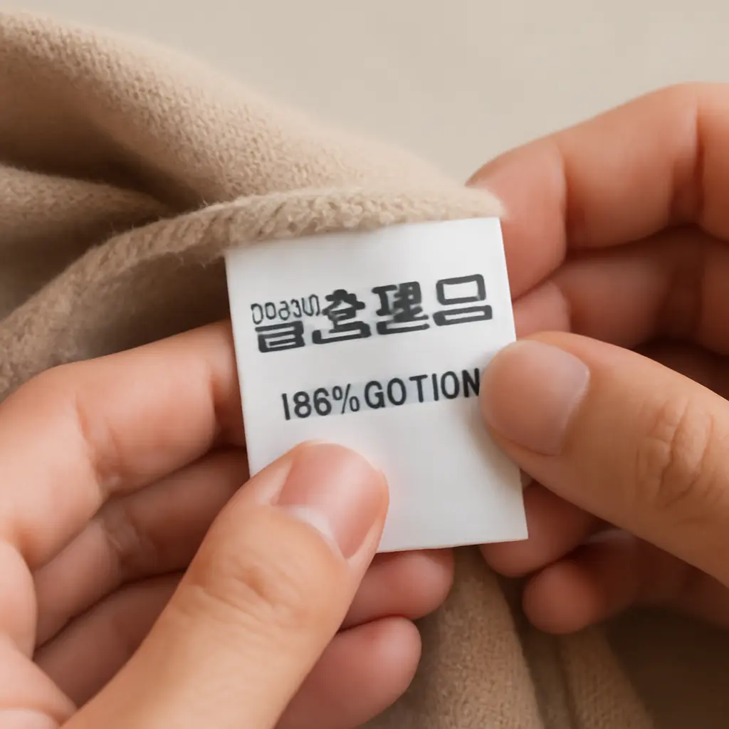 Hands holding clothing label with care symbols and fabric content