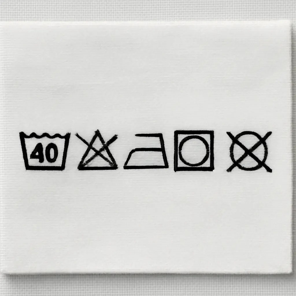 Row of common laundry care symbols on a garment tag
