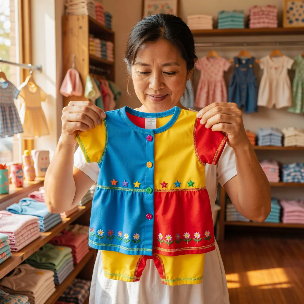 Parent inspecting children's clothing safety before purchase Parent carefully examining a small child's garment for drawstrings and decorative safety features in a brightly lit retail clothing store