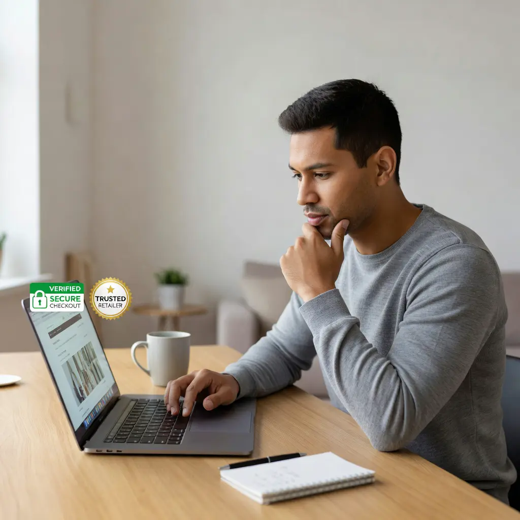 A person carefully reviewing an online clothing store on a laptop, examining product certifications and seller credentials before purchasing
