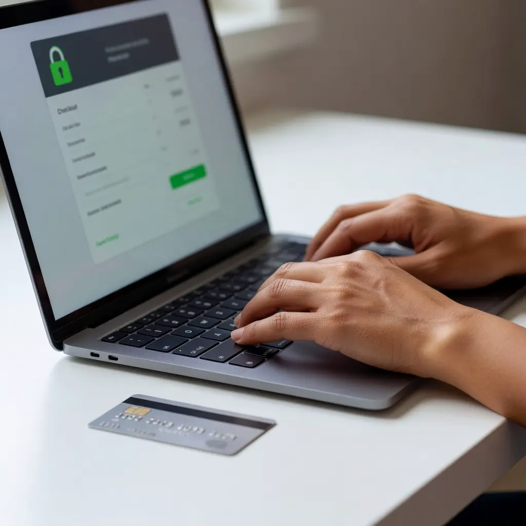 Hands entering payment details on a laptop during an online clothing store checkout, with a visible padlock security icon representing encrypted transaction protection